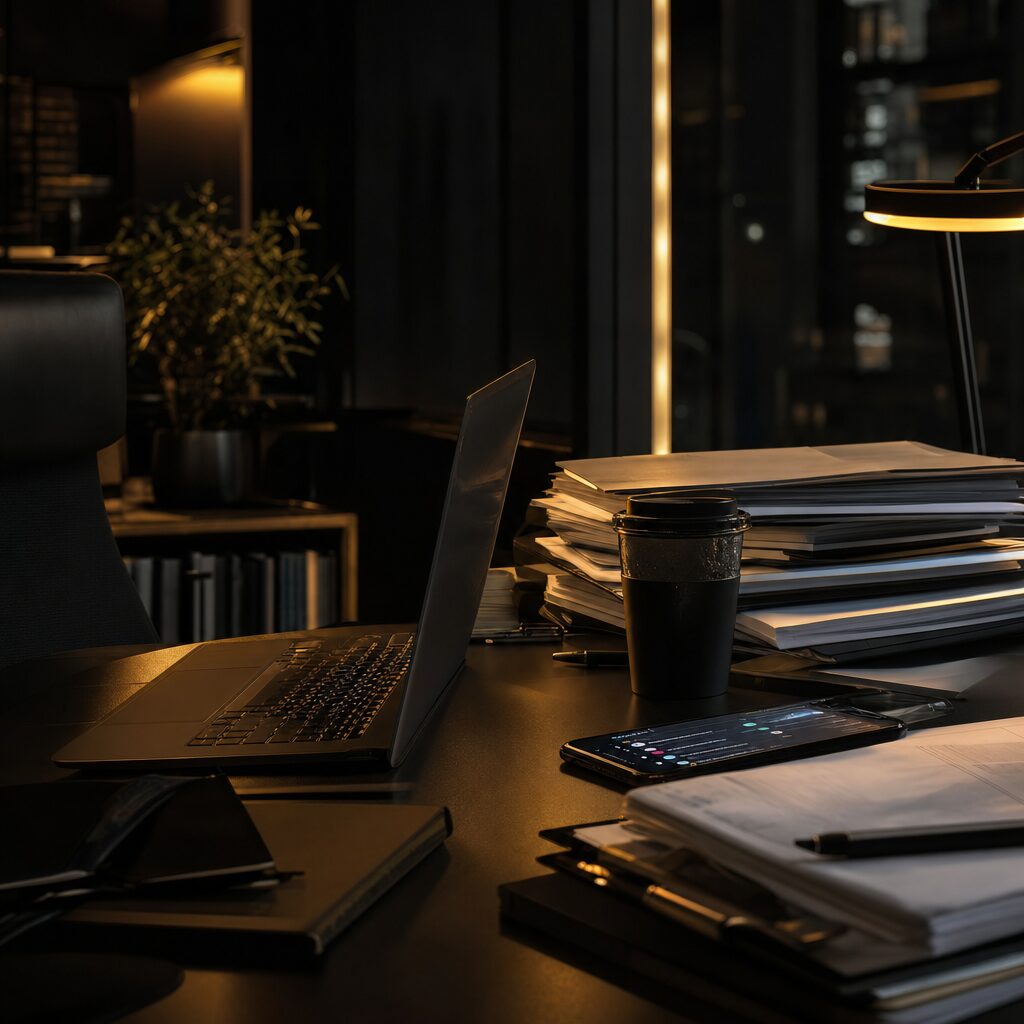 Mesa de trabalho à noite, notebook aceso e celular cheio de notificações